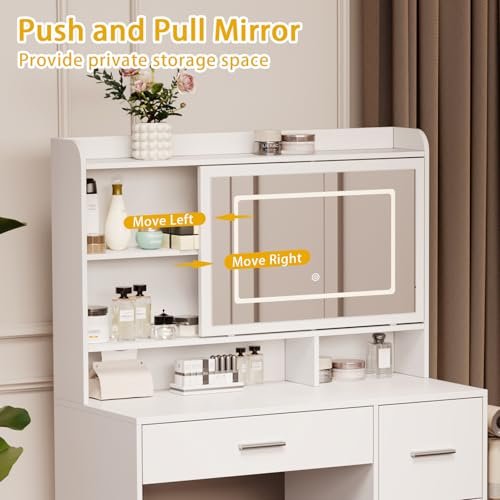 Viaozutis Vanity Desk with a Mirror and Lights，with Chair and Four Drawers